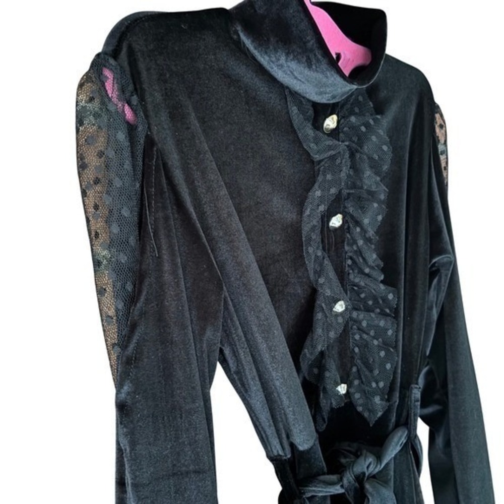 Vintage Black Velvet Lace Midi Dress High Neck Gold Button Victorian Goth M - Picture 9 of 11